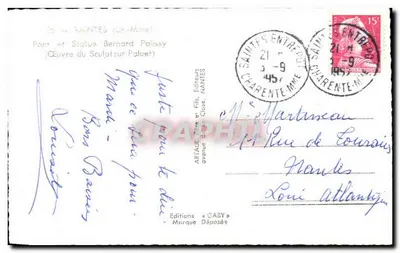 Cartolina semi-moderna Saintes Pony e Statua Bernard Polissy — Verso