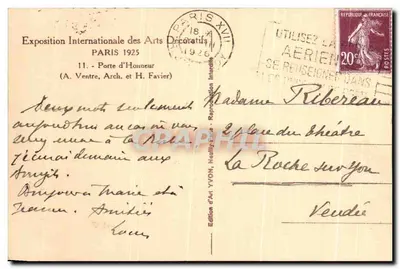 Stara pocztówka Eksponat Międzynarodowej Wystawy Sztuki Dekoracyjnej w Paryżu 1925 Porte d'Honneur — Rewers