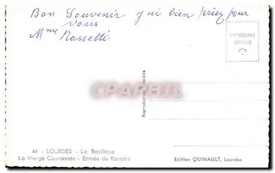 Lourdes — Najświętsza Pani Maryja Królowa — Wejście do Rosary — Wydawnictwo Quinault — Rewers