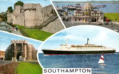 Southampton — vista panorâmica com castelo, cais Royal Pier e navio Cunard — editor J. Salmon & Sevenoaks