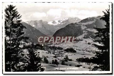 Bilhete postal antigo Gstaad e Wlldhorn