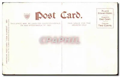 Broadway, Saratoga Springs, N.Y. — widok ulicy z drzewami z karetami i starą samochodową — wydawca American Post Card, nr 3227 — Rewers