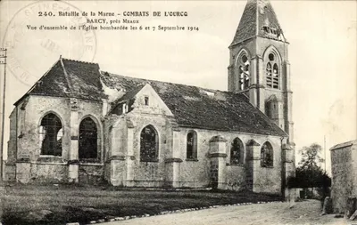 बार्सी, मेओ के पास — 6 और 7 सितंबर 1914 के बमबारी के बाद के चर्च — ल. मेनार्ड के छापघर, फॉन्टेनब्लो