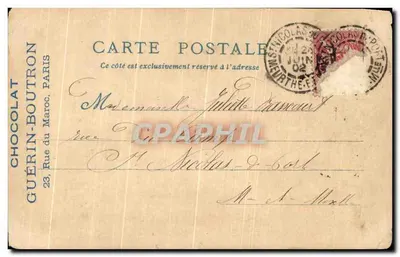 Marchands de la rue des Remparts — scène de la Exposition Universelle de 1900 — éditeur CHOCOLAT GUÉRIN-BOUSTRON — Verso