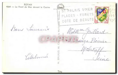 Royan — Le Front de Mer devant le Casino — M. Berjaud, éditeur, n° 4564 — Verso