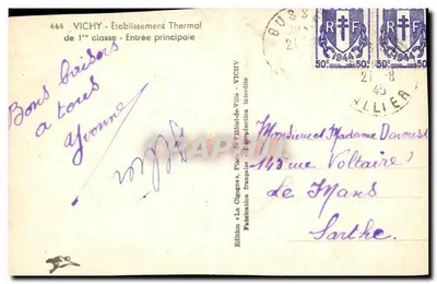 Vichy — Estabelecimento Termal de 1ª Classe — Entrada Principal — Edição « La Cigogne » — Verso