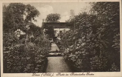 Düren (Rhld.), Partie no jardim botânico — vista do jardim botânico com um lago e um edifício
