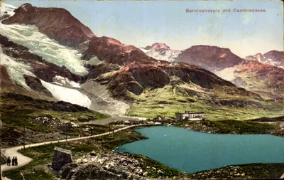 Berninahospiz com Lago Cambrenasee — vista alpina com glaciar — n° 572