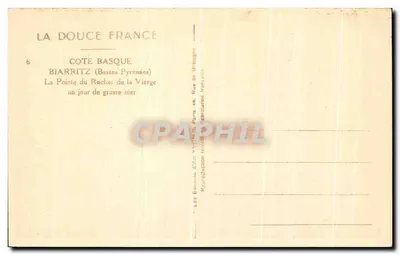 Biarriz (Basses Pyrénées) — A Ponta do Rocher de la Vierge, um dia de mar forte — Éditions Yvon, n°6 — Verso