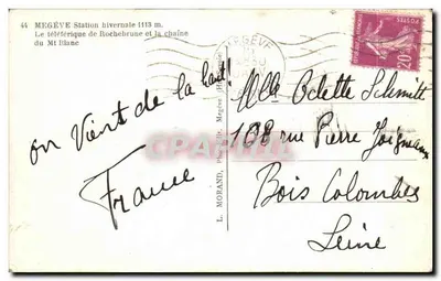 Stacja Megève zimowa 1113 m. — Teleferyk Rochebrune i łańcuch Mt Blanc — L. Morand, Megève — Rewers