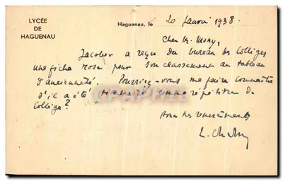 Bilhete postal antigo — Cour dos Tilleuls — Liceu de Haguenau — Verso