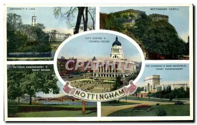 Nottingham — vista panorâmica do centro da cidade com Universidade & Lago, Centro da Cidade & Casa da Cidade, Castelo de Nottingham, Embankment de Victoria & Ponte Trent, Jardins & Memorial da Guerra — editor Dennis Productions