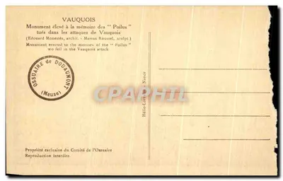 Bilhete postal antigo Vauquois Monumento erguido à Memória dos Poilus mortos nas ofensivas de Vauquois Militaria — Verso