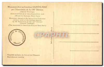 Monumento ai Morti — Carrefour Sainte-Fine — Associazione della 130esima Divisione — Verso