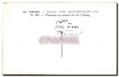 Paisagens de pastagem no topo do Col d'Aspin — Os Pirineus — Edições Alix, Bagnères-de-Bigorre, N° 401 — Verso
