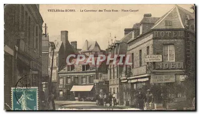 Bilhete postal antigo Veules Les Roses Le Carretour das Três Ruas Praça Carnot
