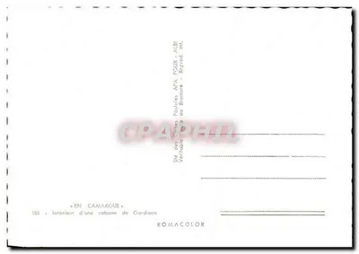 Interior de uma cabana de Gardians — Camargue — editor APA POUX, n°106 — Verso