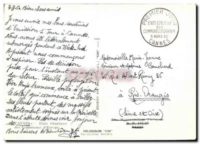 Cannes — Zgromadzenie Gmin Europy — 5 marca 1960 — Héliocolor 'CIM' — Rewers