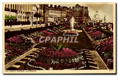 Les Jardins Tapis, Eastbourne — vista da fonte e dos maciços — editor U.S. & E. LTD. Hastings, n° 8127