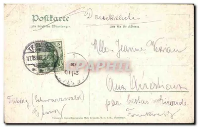 Triberg. Wasserfall — krajobraz wodospadu w lesie — wydawca Verzinkte Kunstdruckerei Mets & Laute, Darmstadt — Rewers