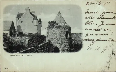 Ballygally Castle — vista do castelo com torre redonda — editor desconhecido, n° 1679