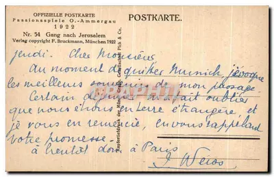Gang nach Jerusalem — Passionsspiele O.-Ammergau 1922 — Verlag copyright F. Bruckmann, München — Verso