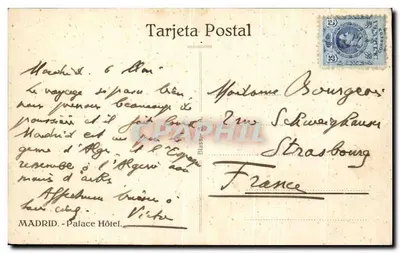 Hotel Palace w Madrycie — widok z placu z fontanną — wydawca Madrid - Palace Hôtel — Rewers