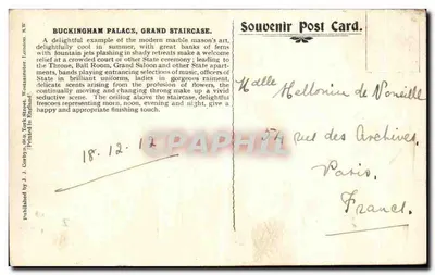 Pałac Buckingham — Wielka schodowa klatka — Wydane przez J. J. Corbyma, Londyn S.W. — Rewers
