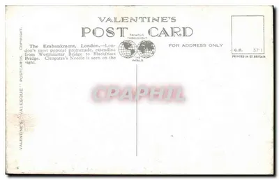 The Embankment, Londres — vista de avenida arborizada com veículos — Valentine's Postcards n°37-1 — Verso