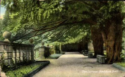 A Terrasse. Haddon Hall — vista do jardim com avenida sombreada — editor não visível