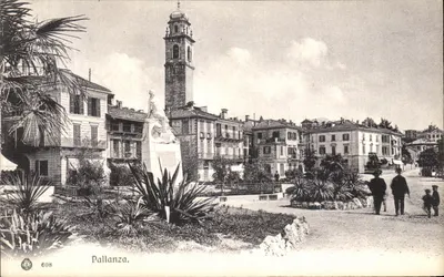 Pallanza — vista da praça com a torre e um monumento — editor Brunner & C. n° 608