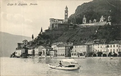 Lago di Lugano. Morcote. — Vue du lac avec église et bateau — E. Goeth, Phot., Lugano.