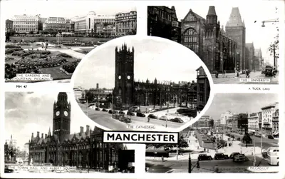 Bilhete postal moderno Jardins de Manchester e Fonte de Piccadilly Universidade Albert Square
