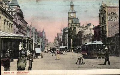 Bourke Str., Melbourne — widok ulicy z zegarem i tramwajem — wydawca nieznany, numer serii nie widoczny