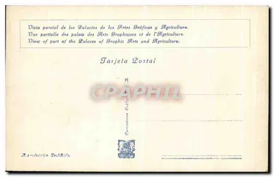 Exposição Internacional de Barcelona 1929 — Vista parcial dos palácios dos Artes Gráficas e da Agricultura — Tarjeta Postal S.A. n°7 — Verso