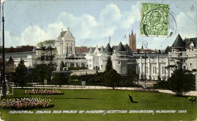 Bilhete postal antigo Palácio Industrial e Palácio da História da Exposição Escocesa Glasgow 1911