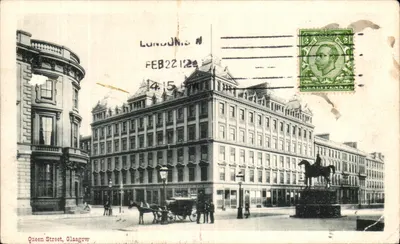 Queen Street, Glasgow — vista da praça com estátua equestre — editor C.W.W.