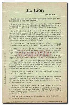 Leão da África — Nota zoológica — F. Barou, Paris — Verso
