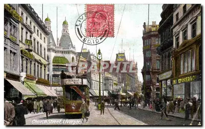 Church Street, Liverpool — animowany widok z tramwajem — wydawca nieznany