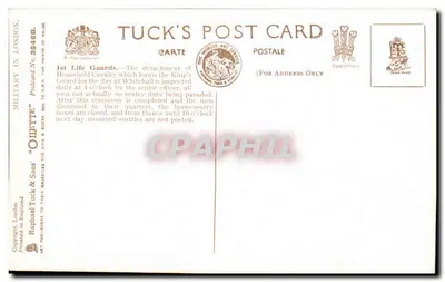 A Parada do destacamento dos 1st Life Guards no Horse Guards — Harry Payne — Tuck's Post Card No. 3548B — Verso