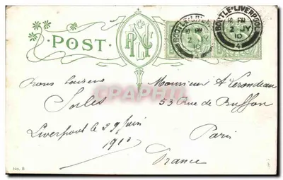 Navio transatlântico chegando ao cais, Liverpool — carta postal datada 2 de julho de 1910 — Verso