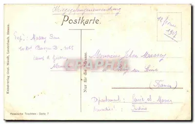 Bilhete postal antigo Hessische Trachten Metais Folclore Trombeta Corneta Flauta — Verso
