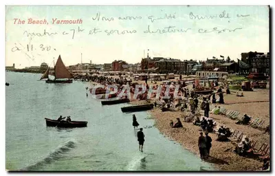 A Praia, Yarmouth — vista de praia movimentada com barcos — Série de Valentine's, Grã-Bretanha