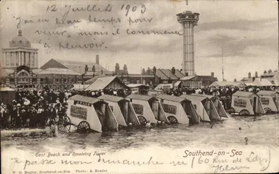 Bilhete postal antigo — Praia Oriental de Southend on Sea e Torre Giratória