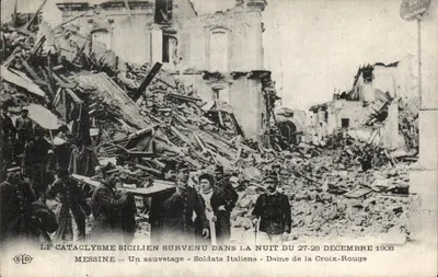 Messina — Catástrofe siciliana — Salvamento por soldados italianos e Dama da Cruz Vermelha