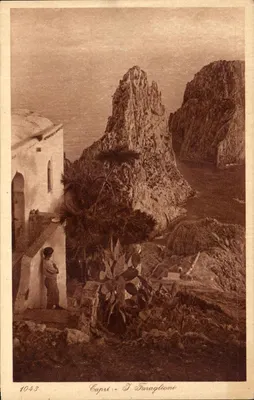 Capri - I Faraglioni — vista panorâmica com uma criança perto de um edifício — editor L. & L. n° 1043