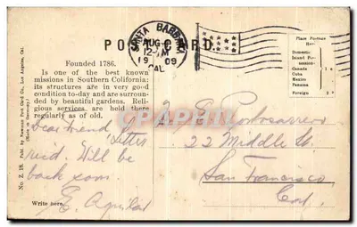 Stara pocztówka Misja Santa Barbara Kal — Rewers