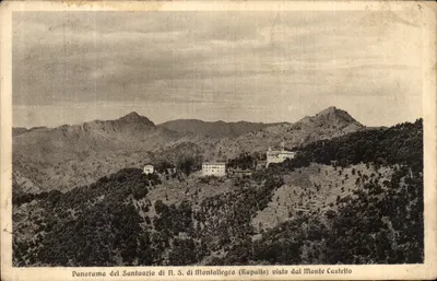 Panorama świątyni N.S. Montallegro (Rapallo) widziana z Monte Castello — wydawca Peernigotti & C., numer nie widoczny