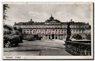 Rastatt, Schloss — vista do castelo com estátua e jardim — editor Heimann, n° 454386 a