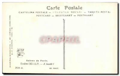 Uma mulher vestindo um vestido branco desce as escadas de uma casa cercada por vegetação — Eugène Deully, Paris — Verso